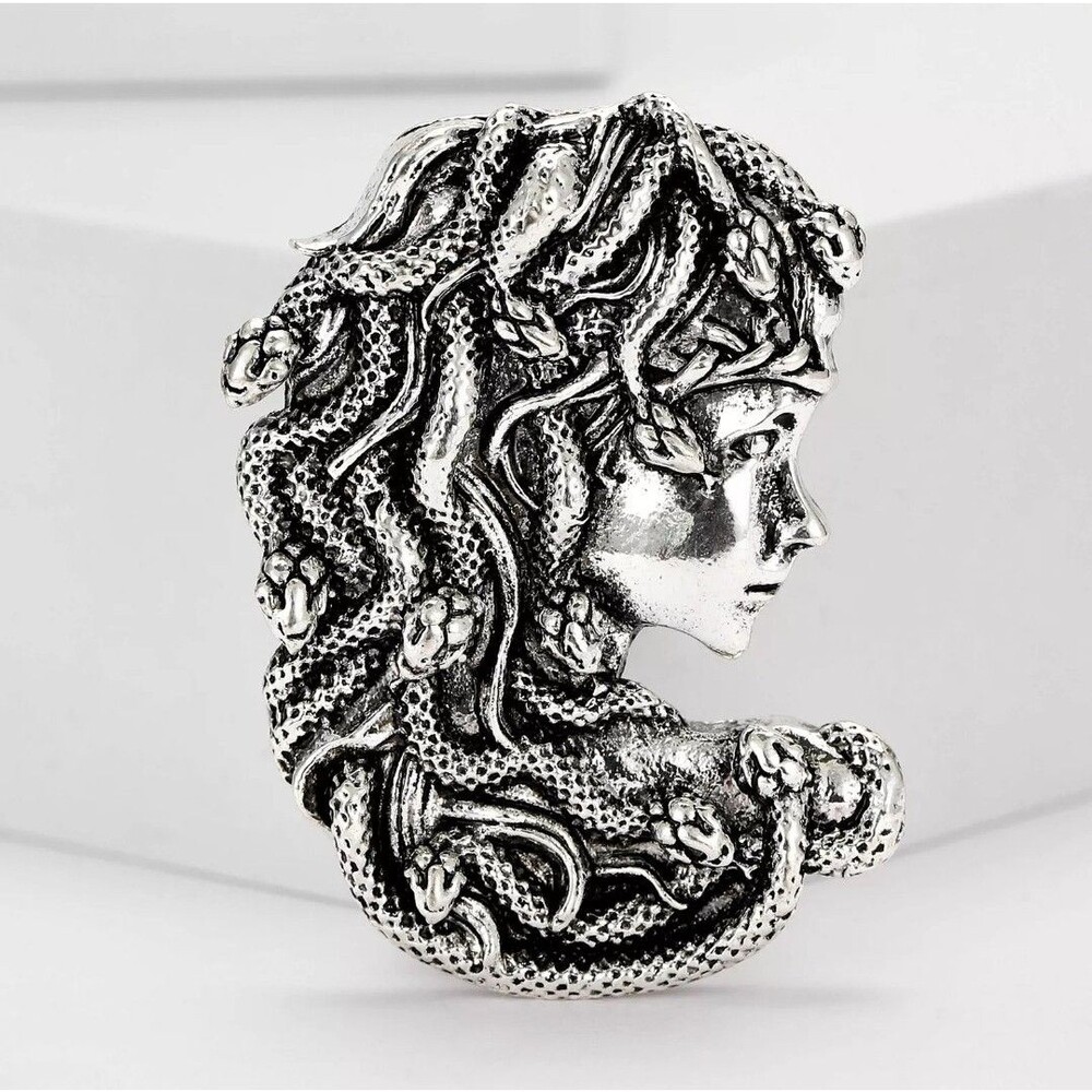 Medusa Brooch / Pendant Retro Greek Mythology Lady Snakes Hair SilverTone Pin